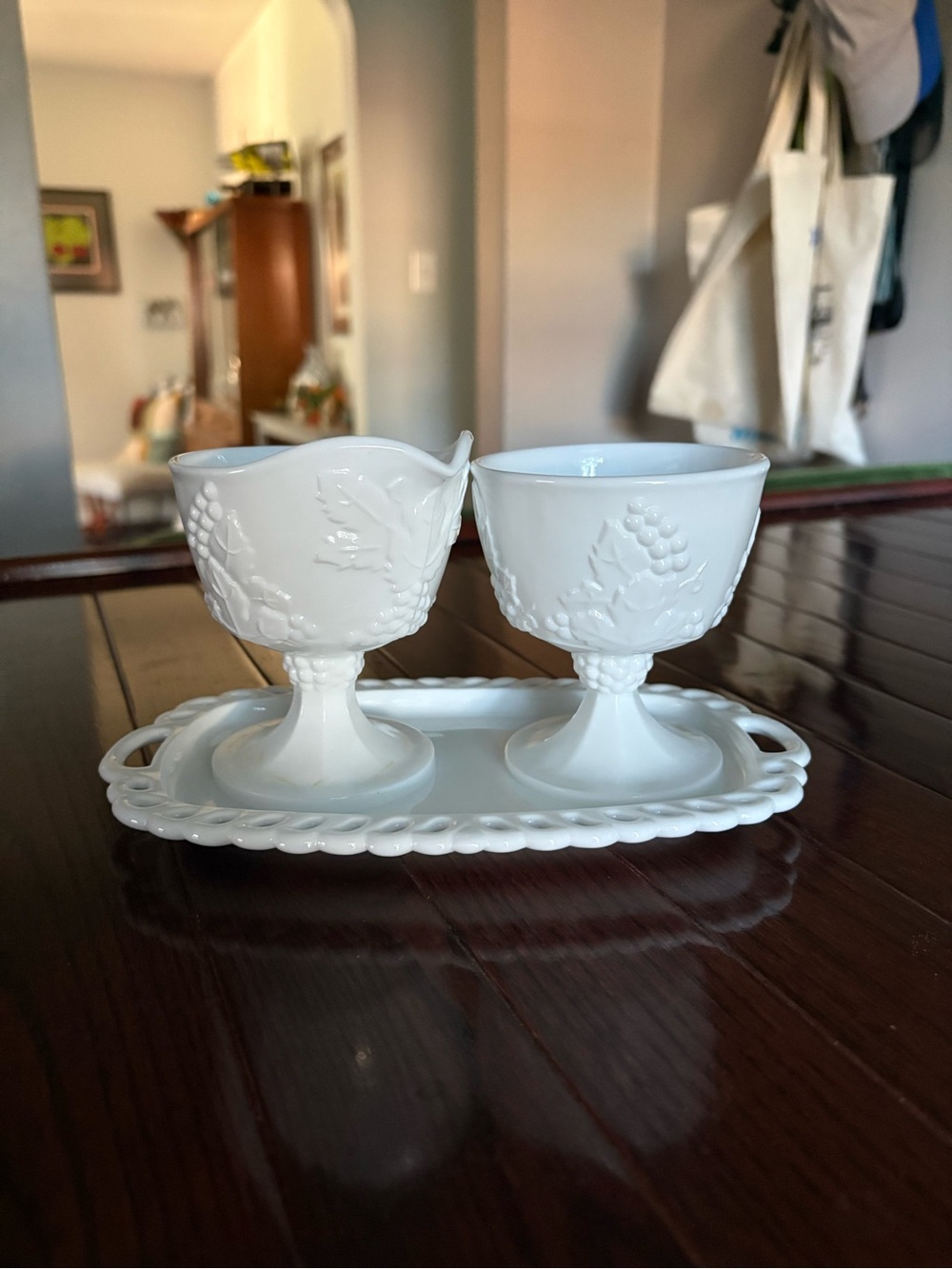 Vintage Indiana Colony Harvest Milk Glass Cream and Sugar with Tray